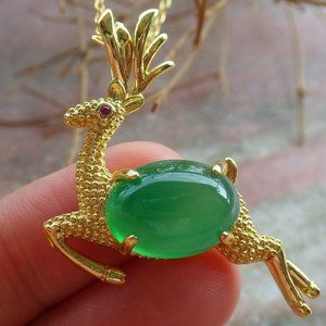 Gold Plate Green AGATE JADE PENDANT Deer Cabochon Diamond Imitation 323347